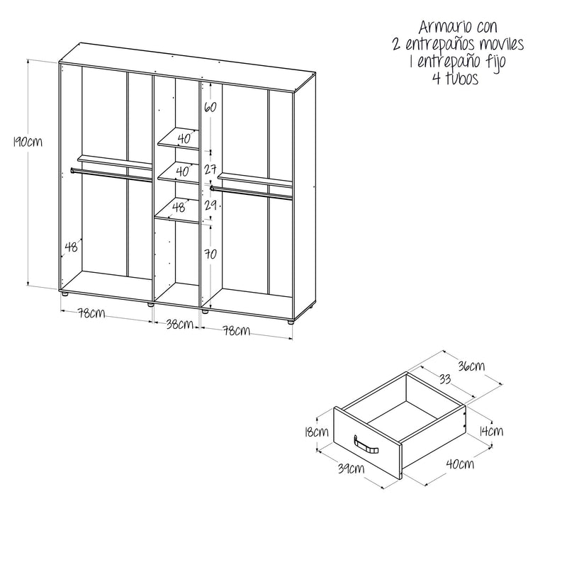 Closet Atenas Gales Y Wengue 200x200cm Con Cuatro Cajones Y Con Espejo