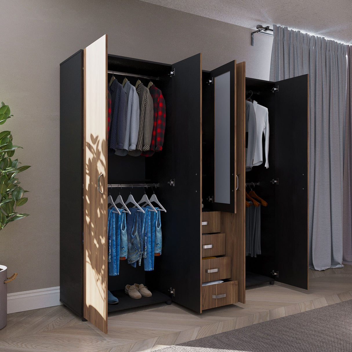 Closet Atenas Gales y Wengue 200x200cm Con Cuatro Cajones y Con Espejo - Closets | Bylmo