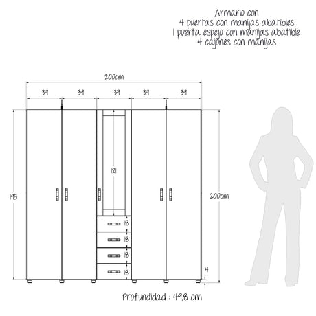 Closet Atenas Gales y Wengue 200x200cm Con Cuatro Cajones y Con Espejo - Closets | Bylmo
