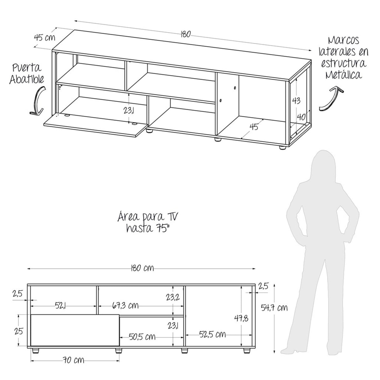 Mesa para TV Town Gales y Negro 180x55cm Para Tv Hasta 75 Pulgadas - Muebles de TV | Bylmo