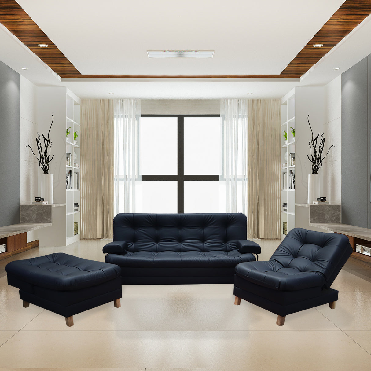 Sala Rouss Negro 185x95cm De Cinco Puestos Reclinable con Patas y Apoyabrazos - Sofas y Poltronas | Bylmo