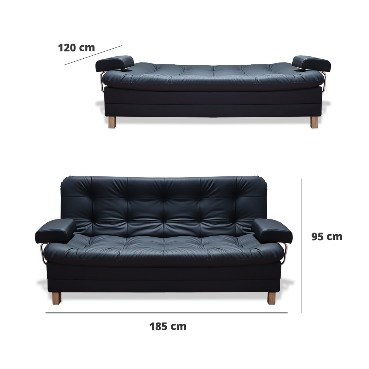 Sofá Cama Rouss Negro 185x95cm De Tres Puestos Reclinable con Patas y Apoyabrazos - Sofas y Poltronas | Bylmo