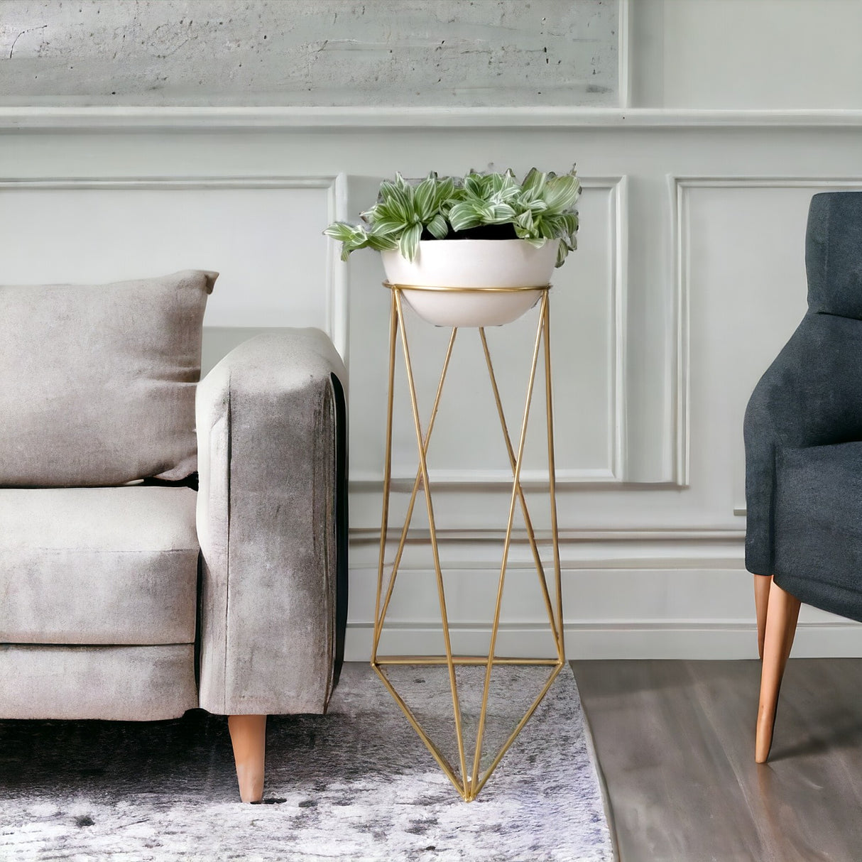 Combo Matera Bowl Mediana Cónica Blanco y Dorado 24x11cm Tradicionales De Piso Con Base Metálica - MATERAS Y MACETAS | Bylmo