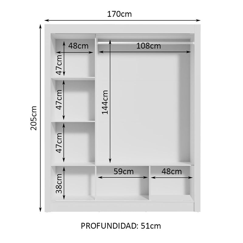 Closet Mônaco Blanco 210x21.4cm Con Cuatro Entrepaños Tres Puertas Y Con Espejo