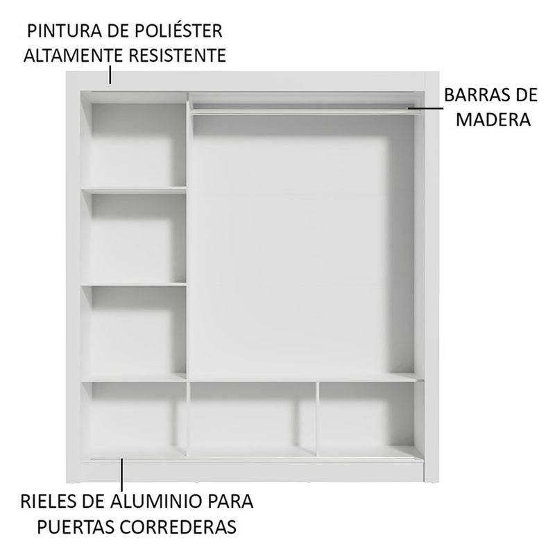 Closet Mônaco Blanco 210x21.4cm Con Cuatro Entrepaños Tres Puertas Y Con Espejo