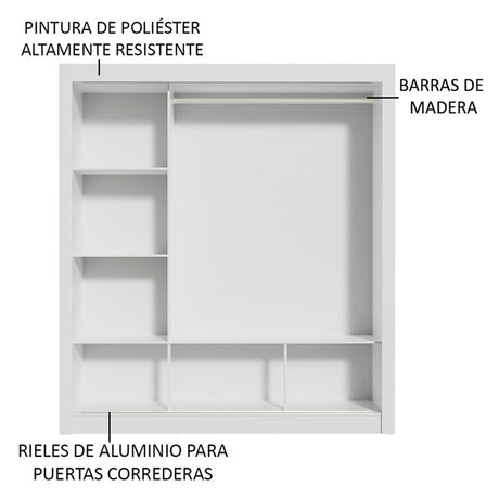 Closet Mônaco Blanco 210x25.7cm con Cuatro Entrepaños Tres Puertas y Con Espejo - CLOSETS | Bylmo