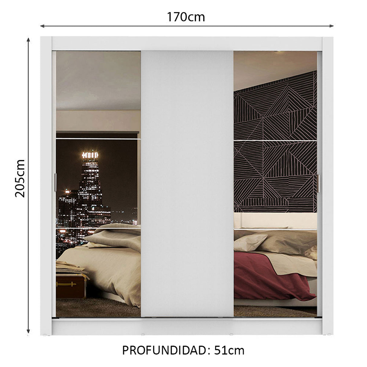 Closet Mônaco Blanco 210x25.7cm con Cuatro Entrepaños Tres Puertas y Con Espejo - CLOSETS | Bylmo