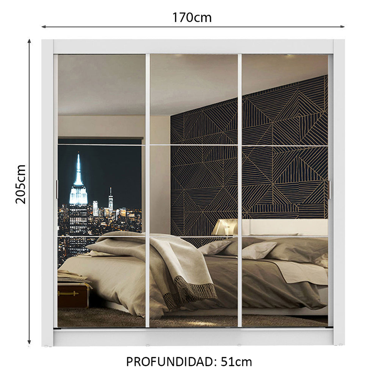 Closet Mônaco Blanco 210x30cm con Cuatro Entrepaños Tres Puertas y Con Espejo - CLOSETS | Bylmo