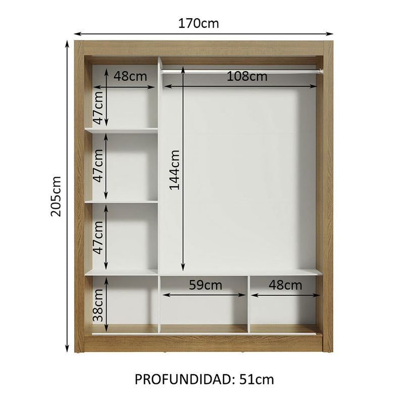 Closet Mônaco Marron 210x21.4cm Con Cuatro Entrepaños Tres Puertas Y Con Espejo