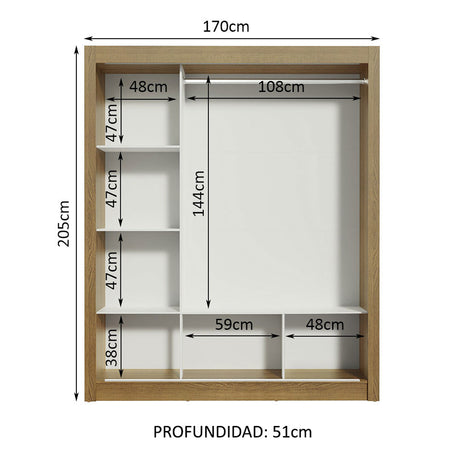 Closet Mônaco Marron y Blanco 210x21.4cm con Cuatro Entrepaños Tres Puertas y Con Espejo - CLOSETS | Bylmo