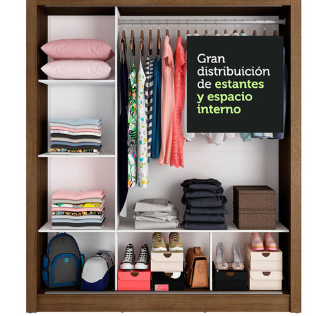 Closet Mônaco Marron y Blanco 210x21.4cm con Cuatro Entrepaños Tres Puertas y Con Espejo - CLOSETS | Bylmo