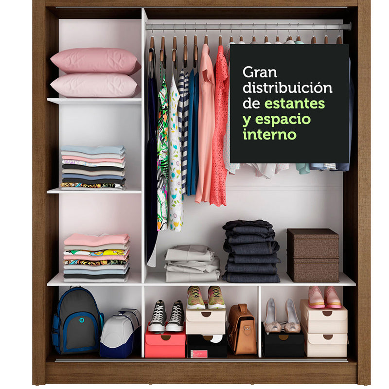 Closet Mônaco Marron Y Blanco 210x21.4cm Con Cuatro Entrepaños Tres Puertas Y Con Espejo