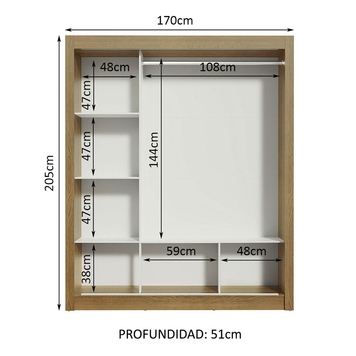 Closet Mônaco Marron y Blanco 210x25.7cm con Cuatro Entrepaños Tres Puertas y Con Espejo - CLOSETS | Bylmo