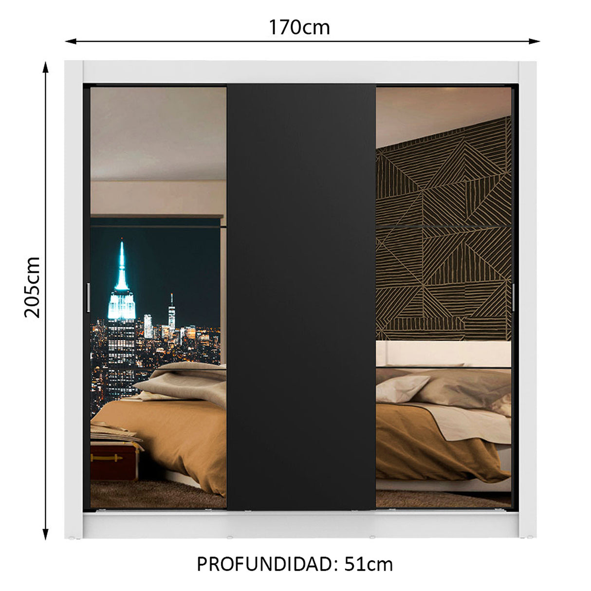 Closet Mônaco Blanco y Negro 210x25.7cm con Cuatro Entrepaños Tres Puertas y Con Espejo - CLOSETS | Bylmo