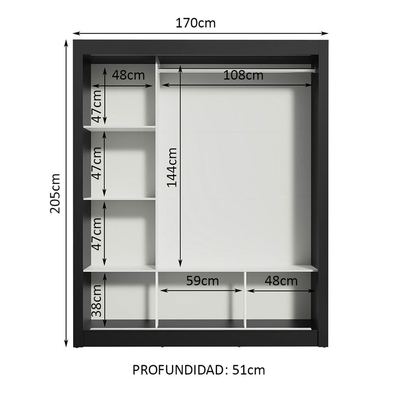 Closet Mônaco Negro Y Blanco 210x21.4cm Con Cuatro Entrepaños Tres Puertas Y Con Espejo