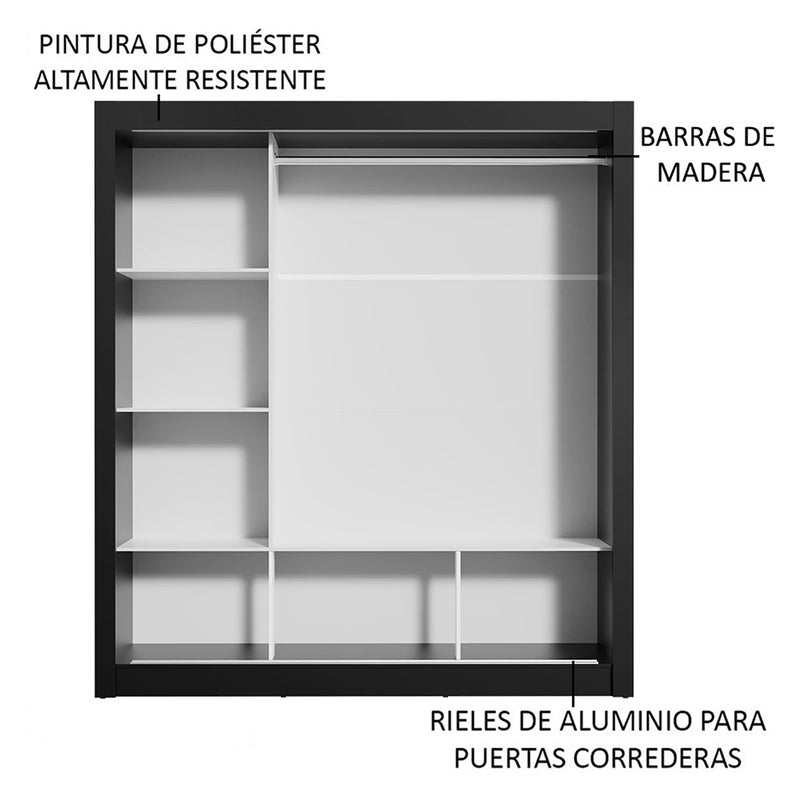 Closet Mônaco Negro Y Blanco 210x25.7cm Con Cuatro Entrepaños Tres Puertas Y Con Espejo