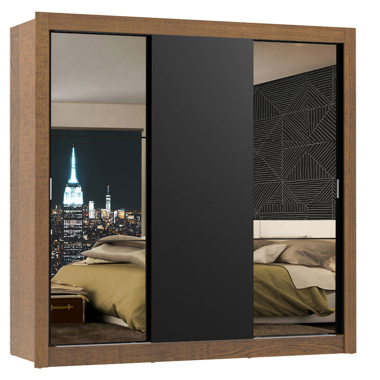 Closet Mônaco Marron y Negro 210x25.7cm con Cuatro Entrepaños Tres Puertas y Con Espejo - CLOSETS | Bylmo