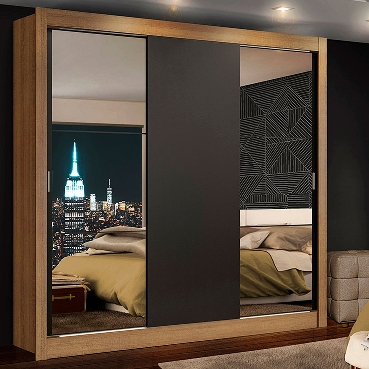 Closet Mônaco Marron y Negro 210x25.7cm con Cuatro Entrepaños Tres Puertas y Con Espejo - CLOSETS | Bylmo