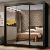 Closet Mônaco Negro 210x30cm con Cuatro Entrepaños Tres Puertas y Con Espejo - CLOSETS | Bylmo