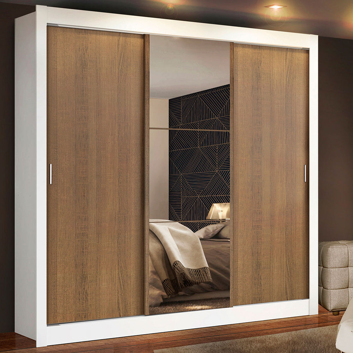 Closet Mônaco Blanco y Marron 210x21.4cm con Cuatro Entrepaños Tres Puertas y Con Espejo - CLOSETS | Bylmo