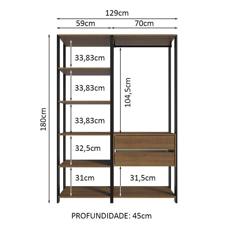 Closet Abierto Valencia Marron Y Negro 70x180cm Con Seis Entrepaños