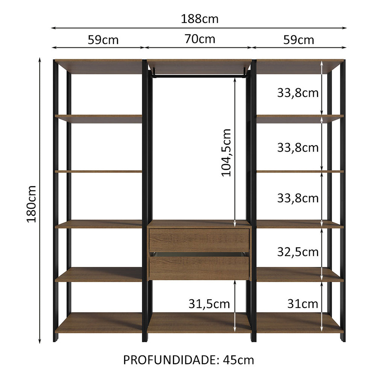 Closet Abierto Valencia Marron y Negro 188x180cm con Diez Entrepaños - CLOSETS | Bylmo