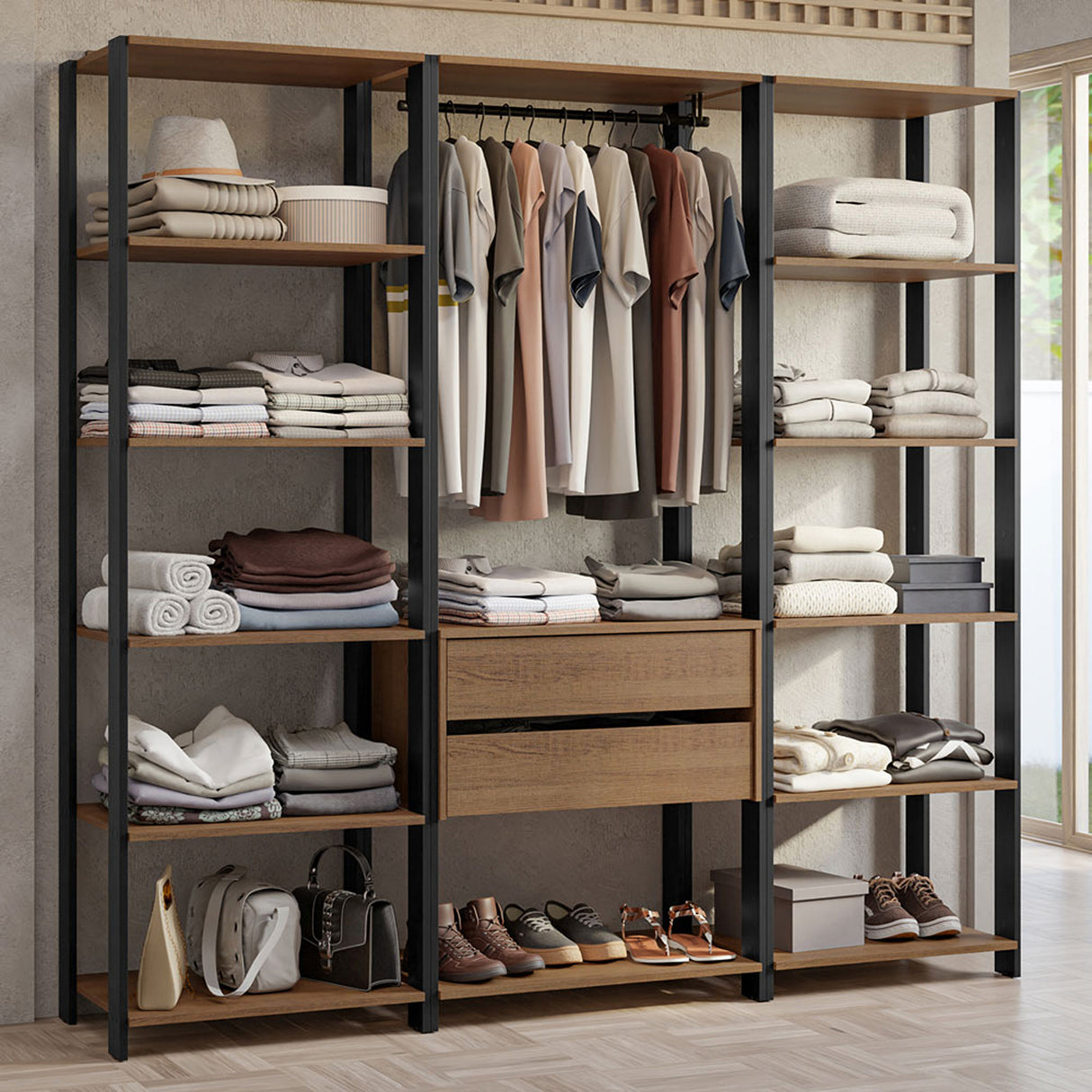 Closet Abierto Valencia Marron y Negro 188x180cm con Diez Entrepaños - CLOSETS | Bylmo
