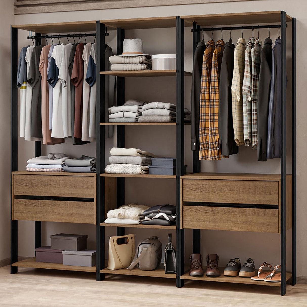 Closet Abierto Valencia Marron y Negro 199x180cm con Diez Entrepaños - CLOSETS | Bylmo
