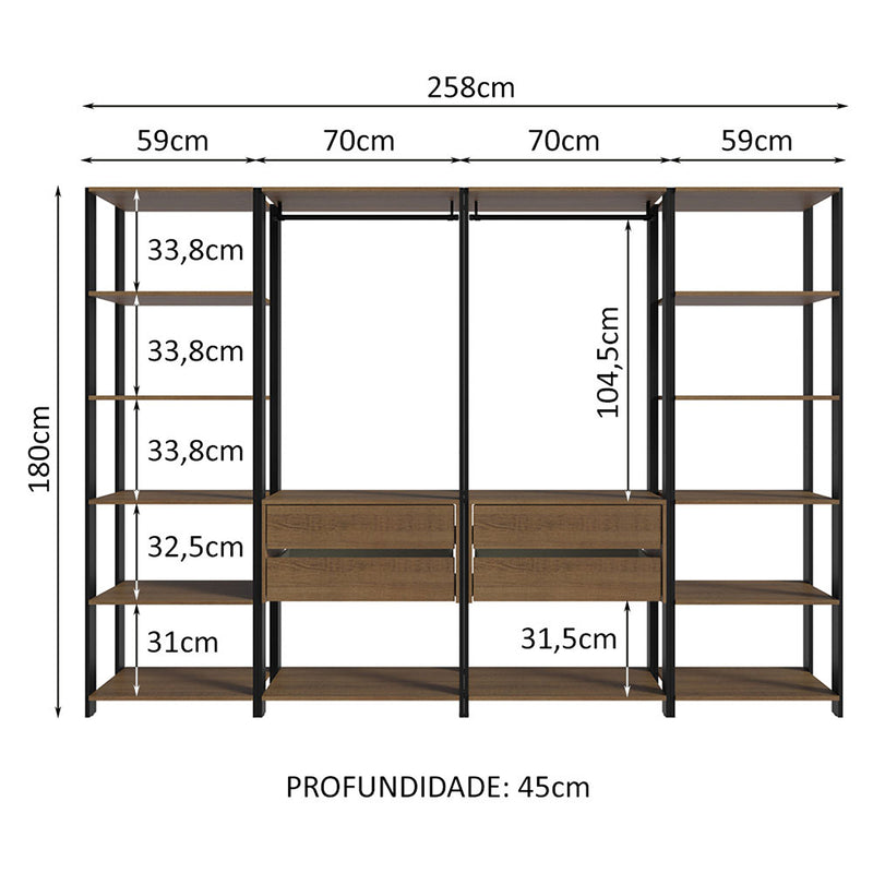 Closet Abierto Valencia Marron Y Negro 258x180cm Con Diez Entrepaños Modular