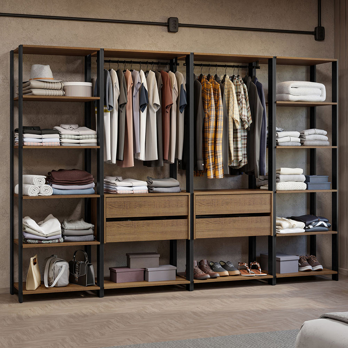 Closet Abierto Valencia Marron y Negro 258x180cm con Diez Entrepaños Modular - CLOSETS | Bylmo