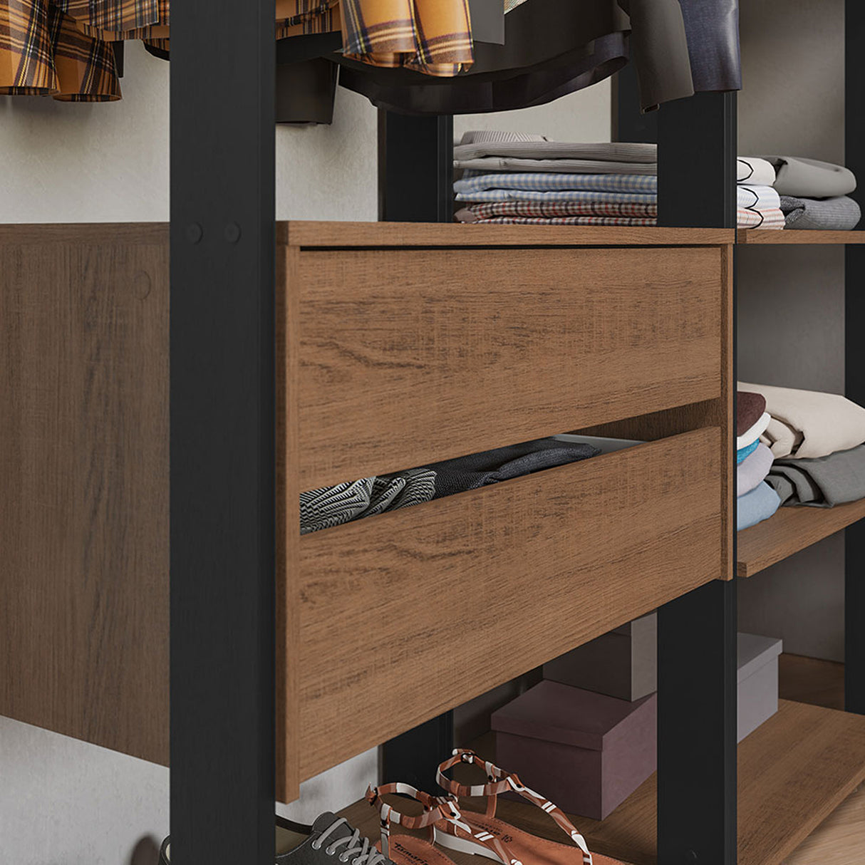 Closet Abierto Valencia Marron y Negro 337x180cm con Diez Entrepaños - CLOSETS | Bylmo