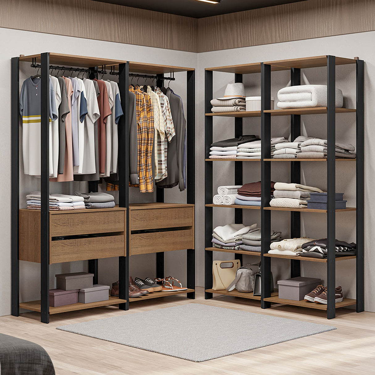 Closet Abierto Valencia Marron y Negro 358x180cm con Diez Entrepaños Modular - CLOSETS | Bylmo
