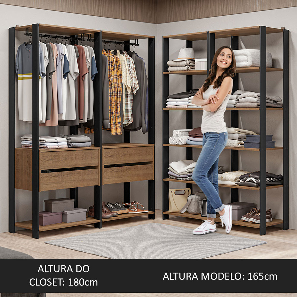 Closet Abierto Valencia Marron y Negro 358x180cm con Diez Entrepaños Modular - CLOSETS | Bylmo