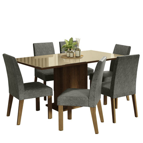 Combo Comedor y Sillas Alexis Marron con Crema y Plata 160x80cm Cuadrado de Seis Puestos con Seis Sillas - COMEDORES | Bylmo