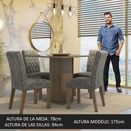 Combo Comedor y Sillas Anaju Marron con Gris y Plata 90x78cm Cuadrado de Cuatro Puestos con Cuatro Sillas - COMEDORES | Bylmo