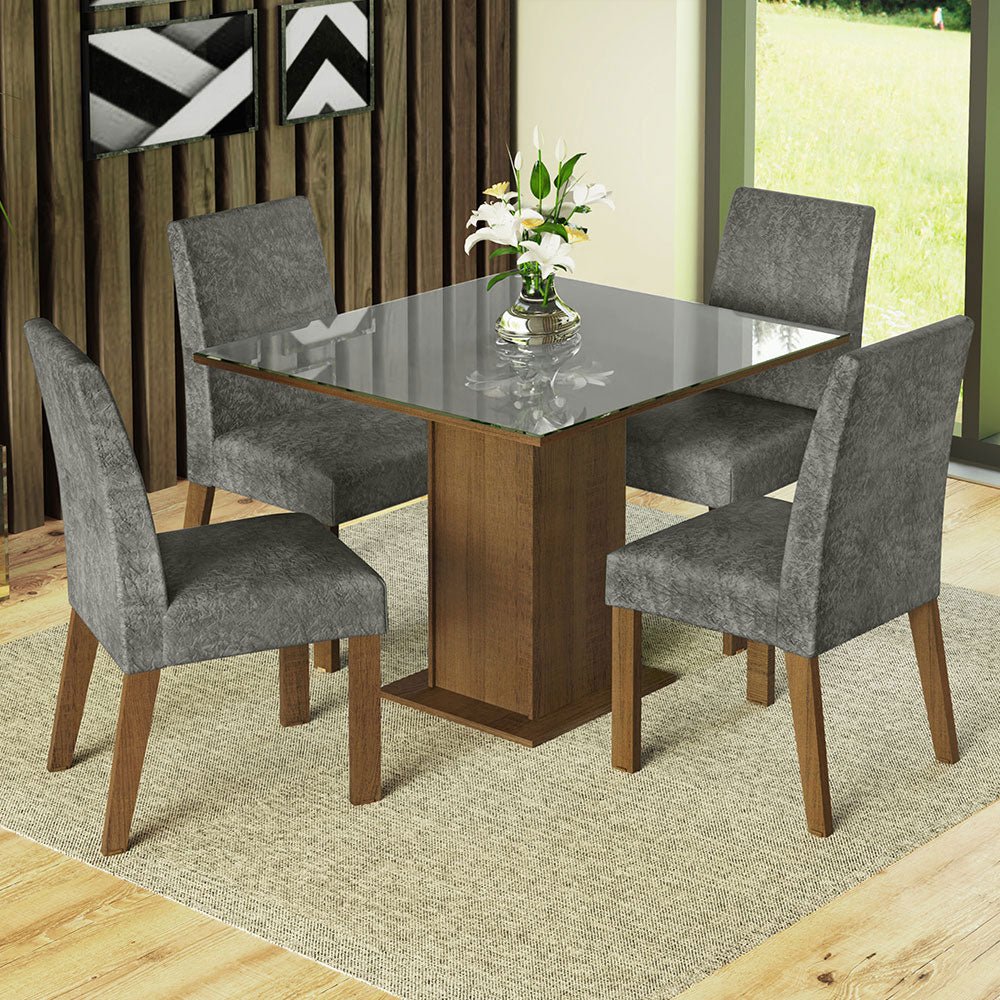 Combo Comedor y Sillas Anne Marron con Gris y Plata 90x79cm Cuadrado de Cuatro Puestos con Cuatro Sillas - COMEDORES | Bylmo