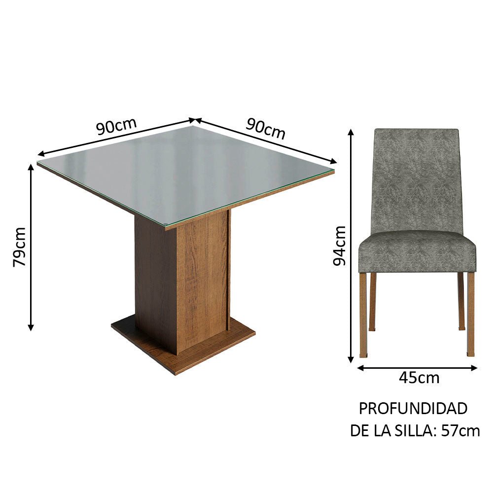 Combo Comedor y Sillas Anne Marron con Gris y Plata 90x79cm Cuadrado de Cuatro Puestos con Cuatro Sillas - COMEDORES | Bylmo