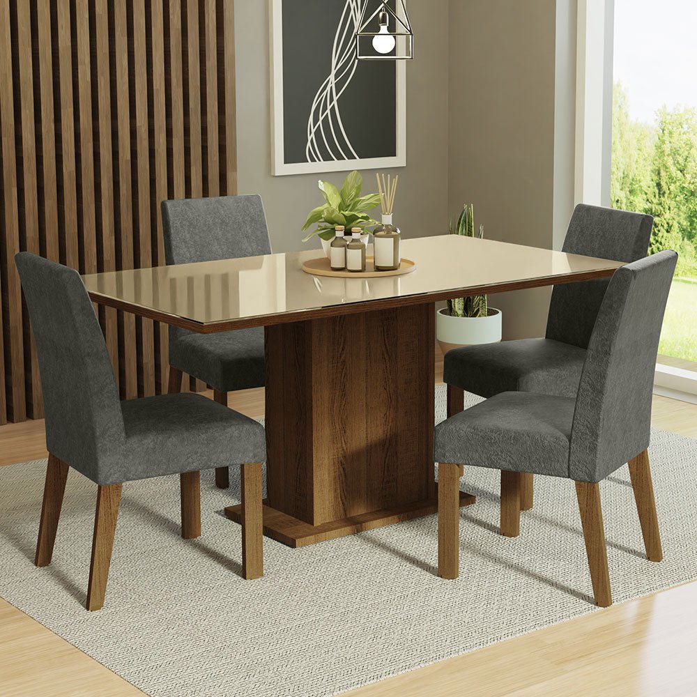 Combo Comedor y Sillas Avril Marron con Crema y Plata 160x80cm Cuadrado de Cuatro Puestos con Cuatro Sillas - COMEDORES | Bylmo