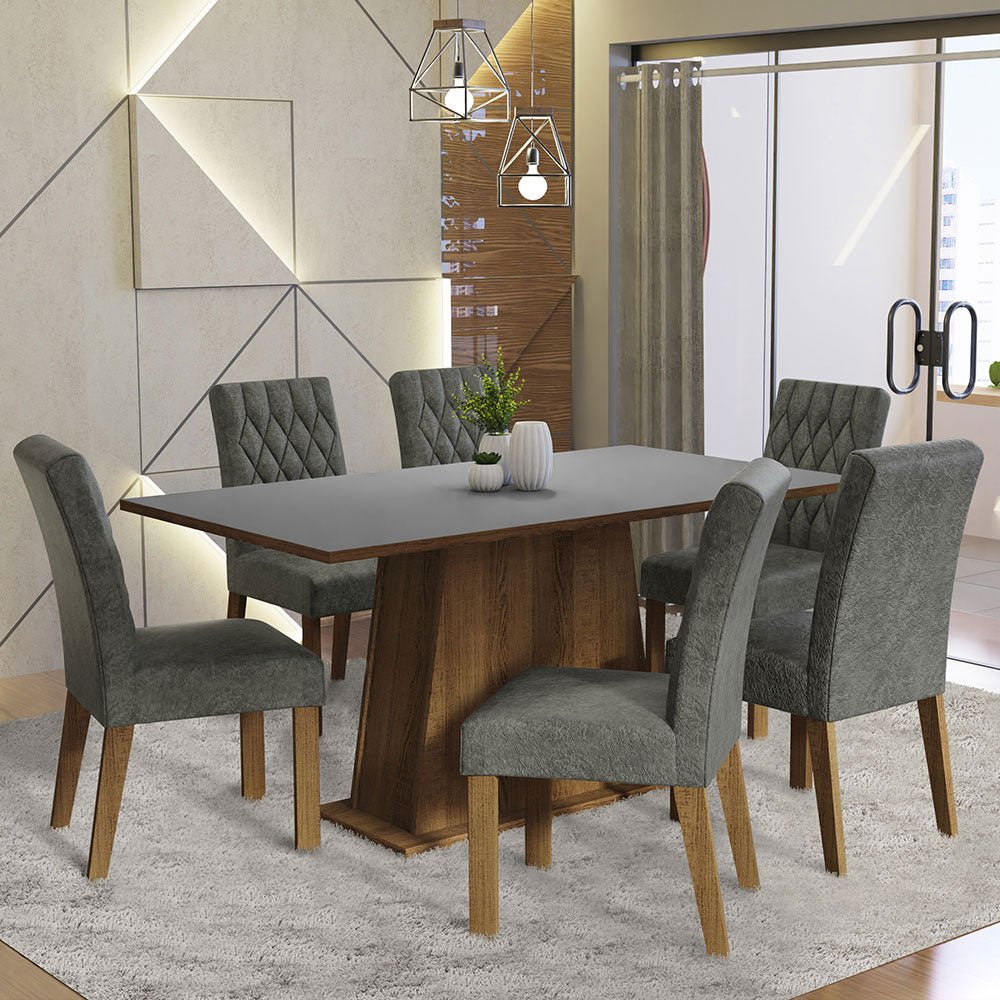Combo Comedor y Sillas Britney Marron con Gris y Plateado 160x79cm Cuadrado de Seis Puestos con Seis Sillas - COMEDORES | Bylmo