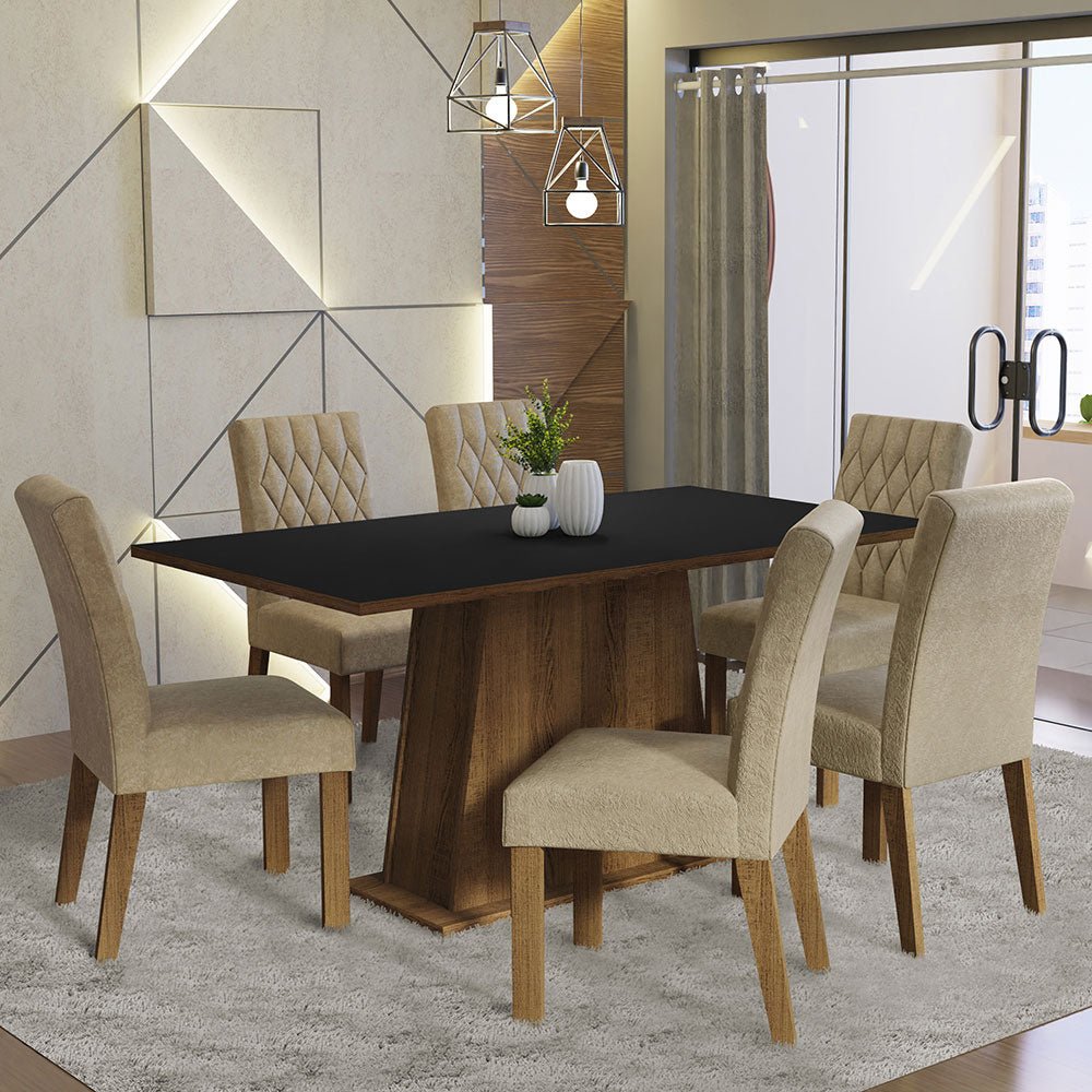Combo Comedor y Sillas Britney Marron y Negro 160x79cm Cuadrado de Seis Puestos con Seis Sillas - COMEDORES | Bylmo