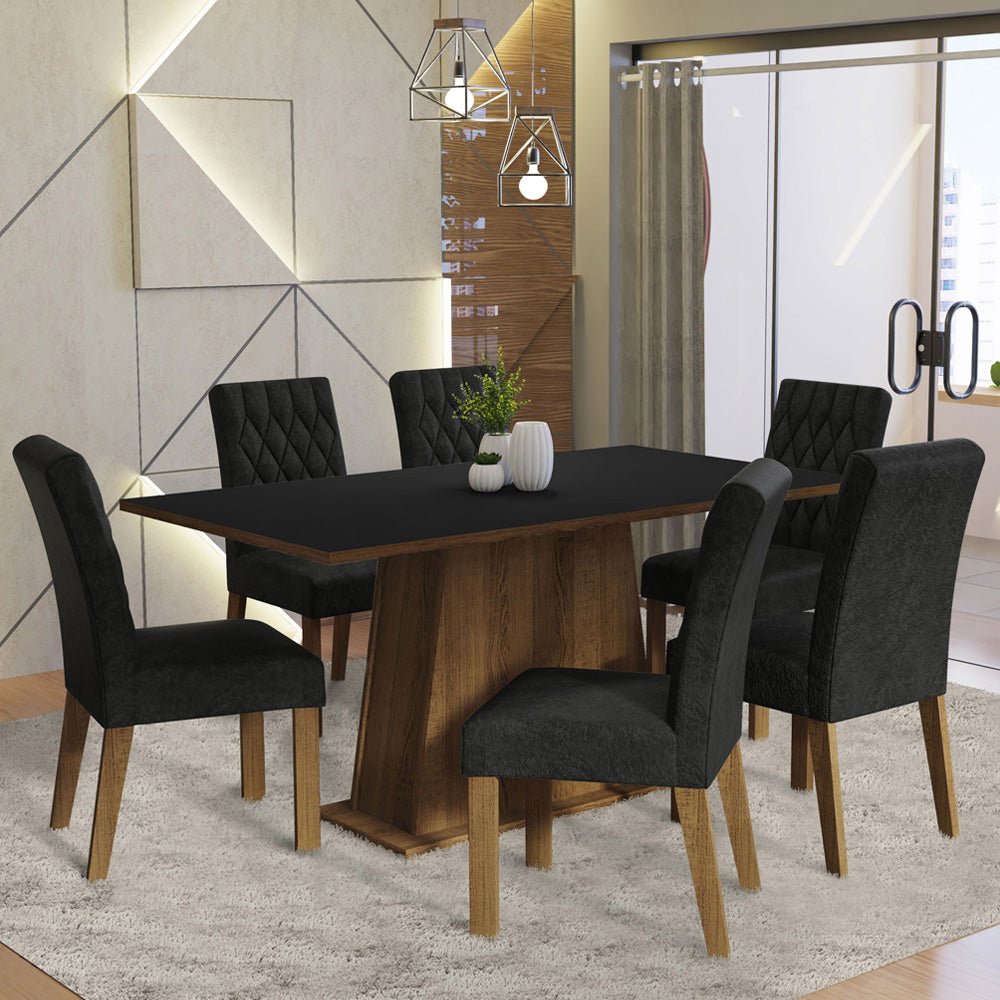 Combo Comedor y Sillas Britney Marron y Negro Oxford 160x79cm Cuadrado de Seis Puestos con Seis Sillas - COMEDORES | Bylmo