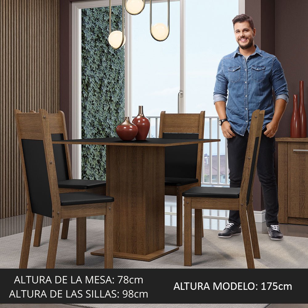 Combo Comedor y Sillas Claire Marron y Negro 90x78cm Cuadrado de Cuatro Puestos con Cuatro Sillas - COMEDORES | Bylmo