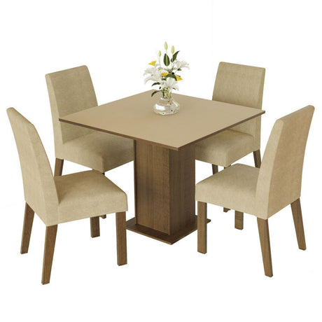 Combo Comedor y Sillas Deise Marron y Crema 90x78cm Cuadrado de Cuatro Puestos con Cuatro Sillas - COMEDORES | Bylmo