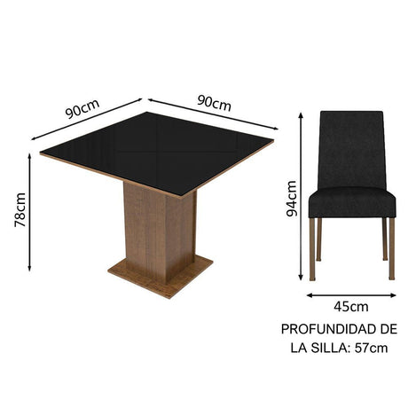 Combo Comedor y Sillas Evelin Marron y Negro Oxford 90x78cm Cuadrado de Cuatro Puestos con Cuatro Sillas - COMEDORES | Bylmo