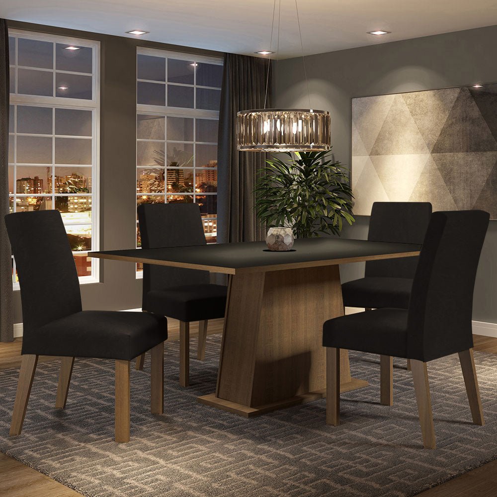 Combo Comedor y Sillas Flavia Marron y Negro Oxford 160x79cm Cuadrado de Cuatro Puestos con Cuatro Sillas - COMEDORES | Bylmo