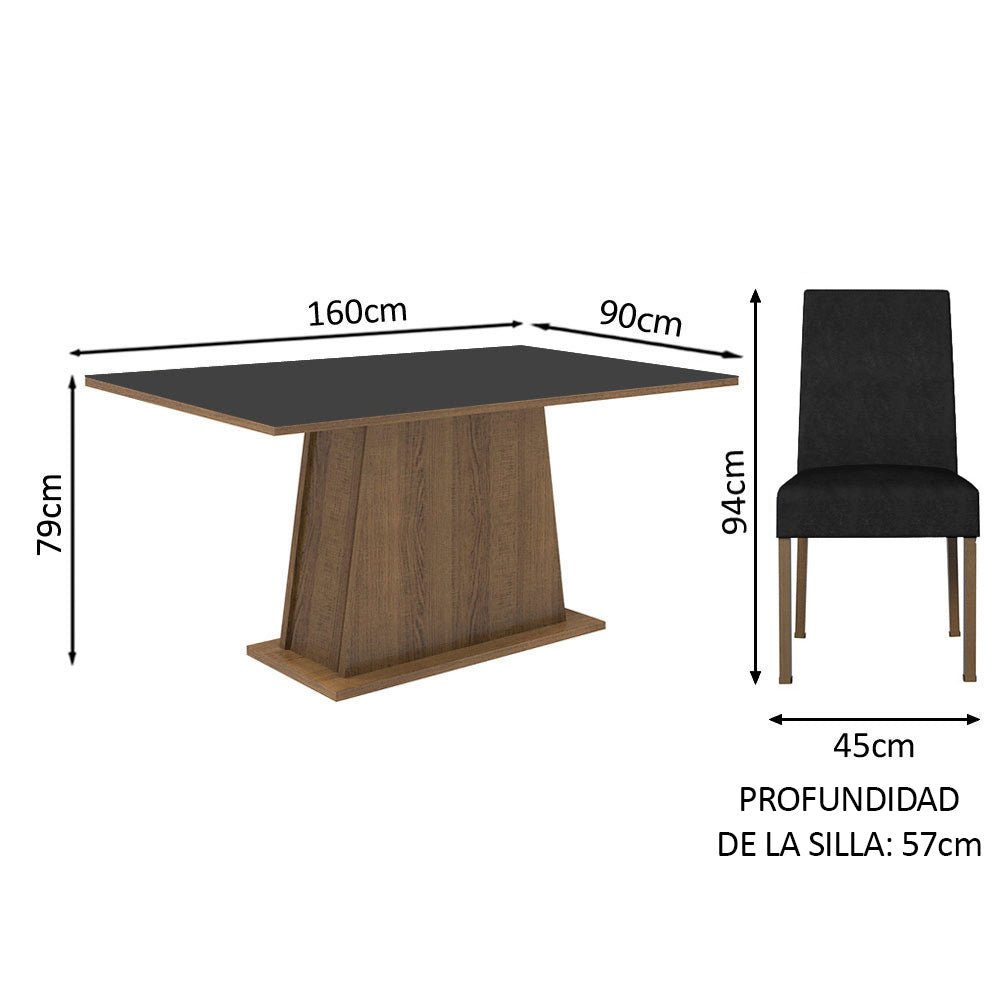 Combo Comedor y Sillas Flavia Marron y Negro Oxford 160x79cm Cuadrado de Cuatro Puestos con Cuatro Sillas - COMEDORES | Bylmo