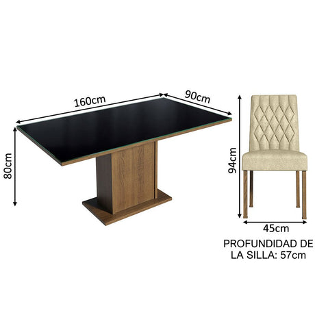 Combo Comedor y Sillas Geórgia Marron y Negro 160x80cm Cuadrado de Seis Puestos con Seis Sillas - COMEDORES | Bylmo