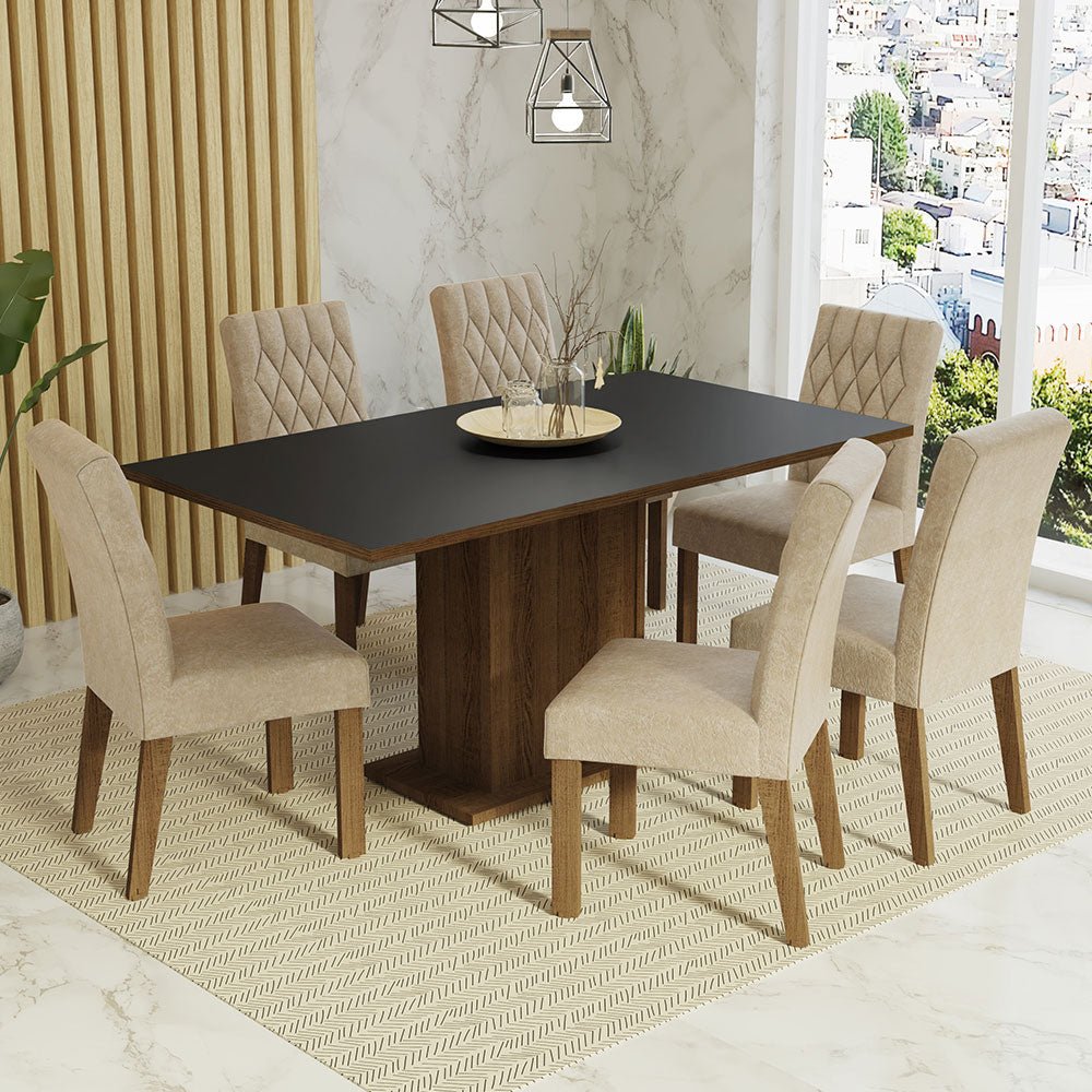 Combo Comedor y Sillas Hanna Marron y Negro 160x79cm Cuadrado de Seis Puestos con Seis Sillas - COMEDORES | Bylmo