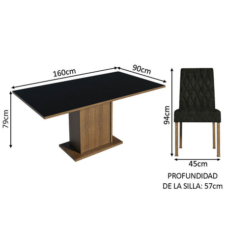 Combo Comedor y Sillas Hanna Marron y Negro Oxford 160x79cm Cuadrado de Seis Puestos con Seis Sillas - COMEDORES | Bylmo