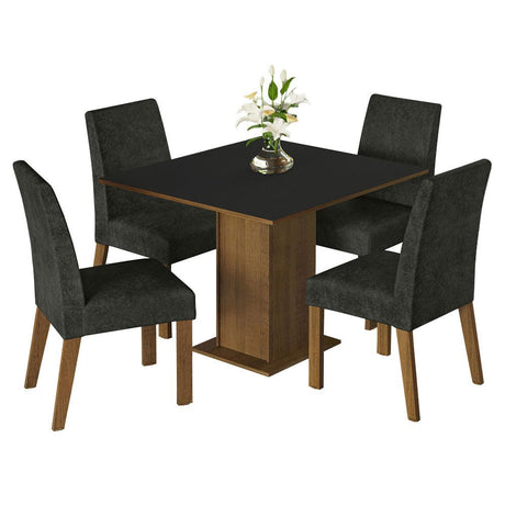 Combo Comedor y Sillas Karina Marron y Negro Oxford 90x78cm Cuadrado de Cuatro Puestos con Cuatro Sillas - COMEDORES | Bylmo